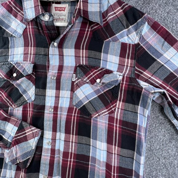 Levi’s Pearl Snap Shirt Lightweight Flannel Plaid Red Blue Small Modern Fit - Picture 10 of 11